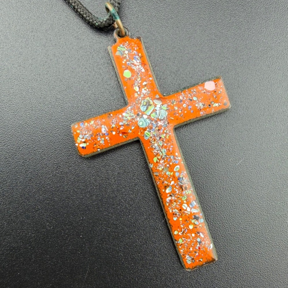 Lorraine Pfeil Cross Pendant Orange Enamel Copper Signed Arizona Artisan READ
